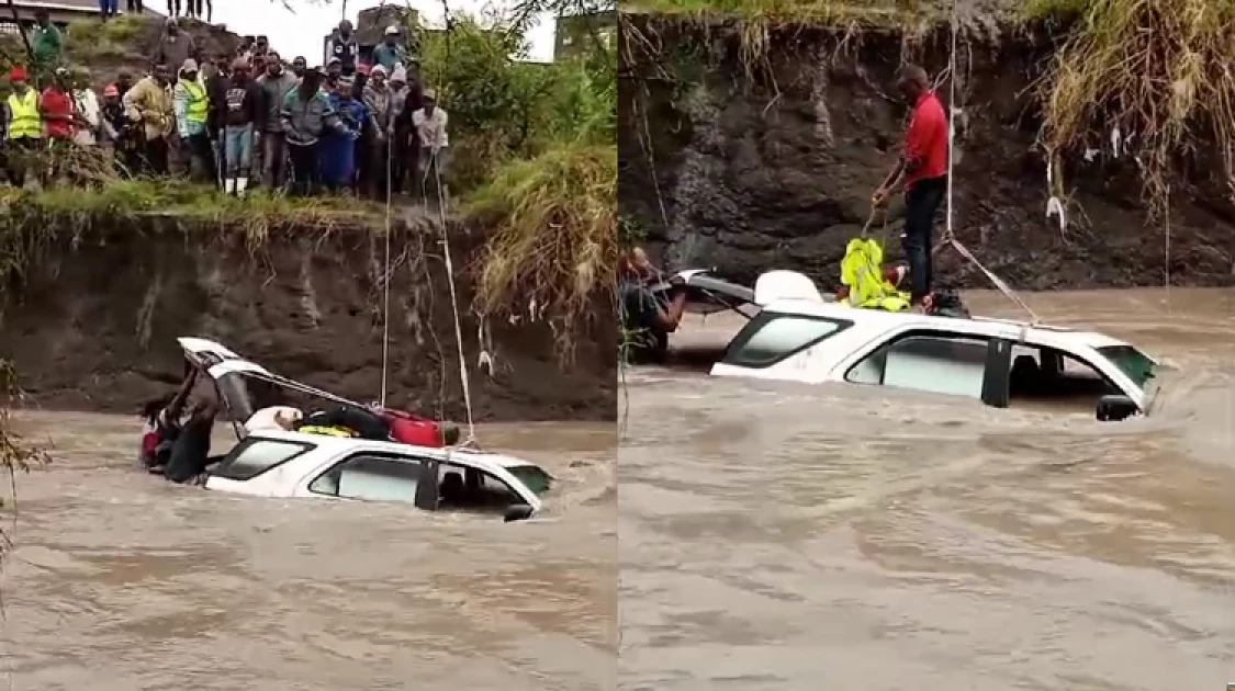 Video screengrabs of rescuers retrieving a police officer’s car that drowned in River Kware, Machakos County on May 1, 2024.