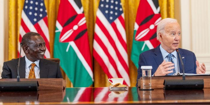 Presidents William Ruto and Joe Biden speaking during a roundtable discussion on technology at the White House, May 22.